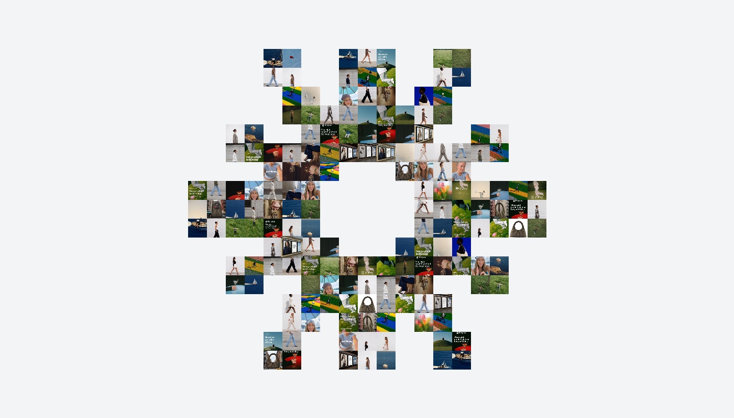 Dozens of near-identical lifestyle ad creatives tiled into a flower-shaped mosaic, illustrating a narrow demographic bubble repeated across every impression.