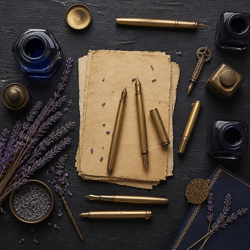 A top-down flat lay of vintage brass calligrapher pens, ink bottles, aged parchment, and dried lavender sprigs on a dark slate surface.