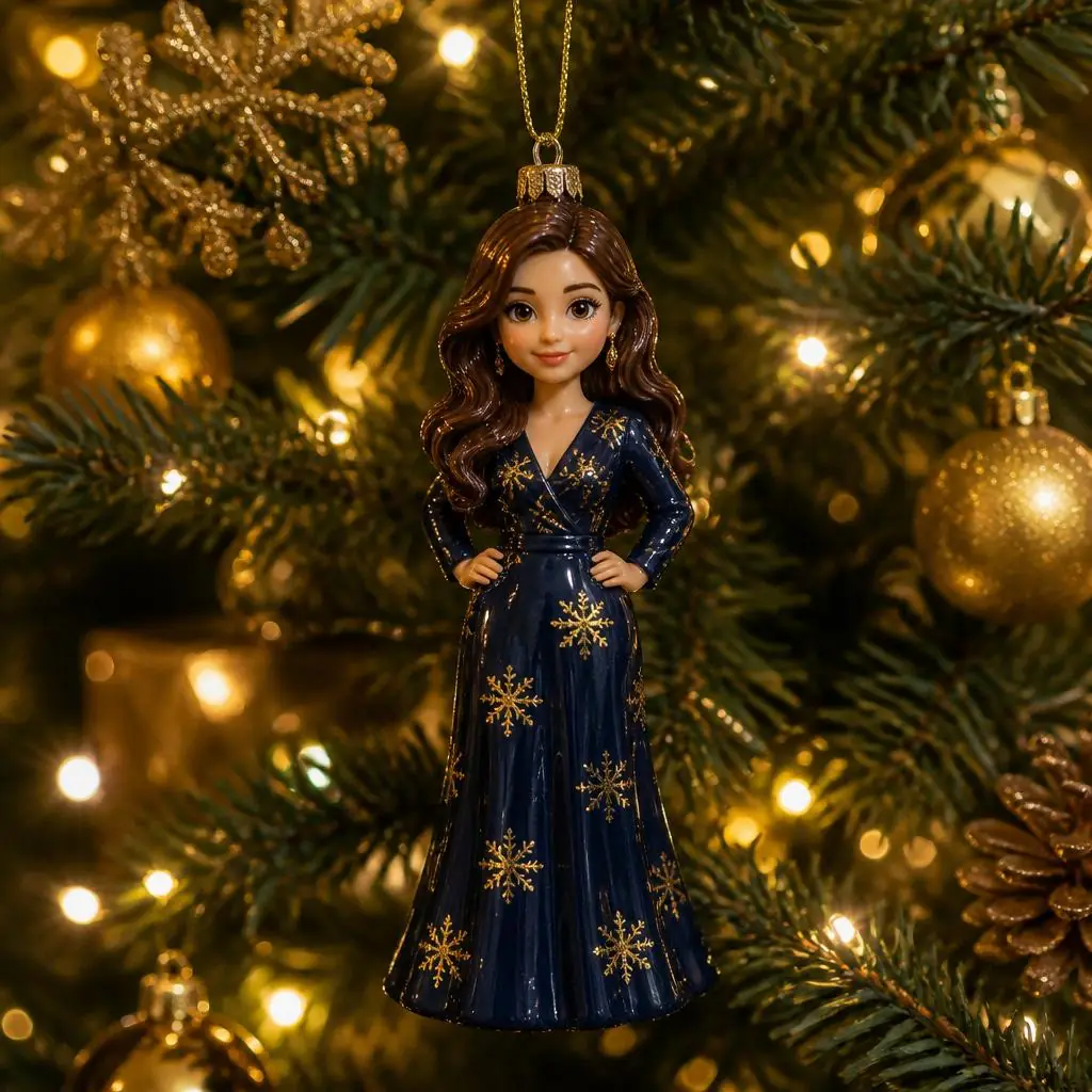 A premium collectible Christmas ornament shaped like a mini-figurine in a navy blue dress with a golden snowflake pattern, hanging on a decorated tree.
