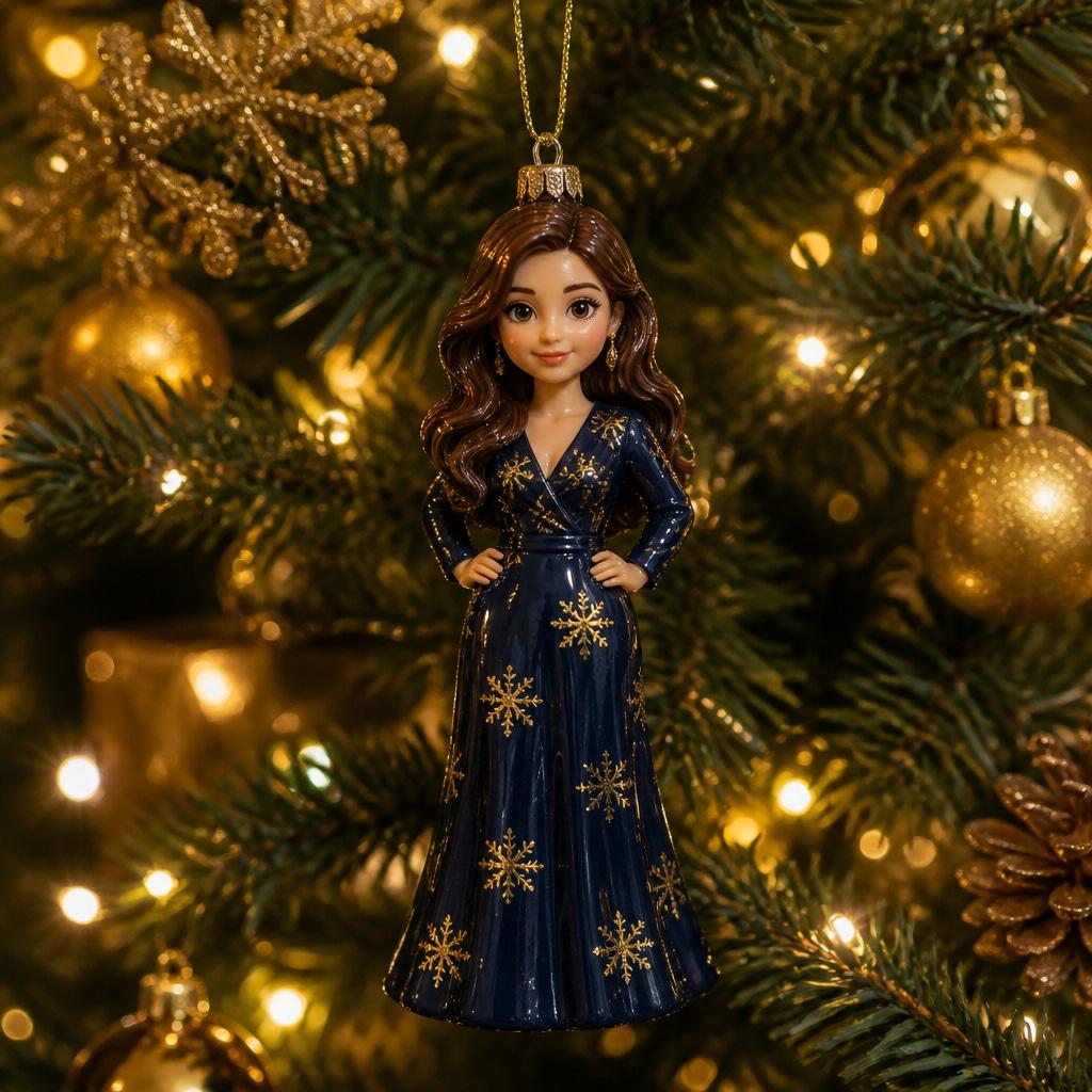 A premium collectible Christmas ornament shaped like a mini-figurine in a navy blue dress with a golden snowflake pattern, hanging on a decorated tree.