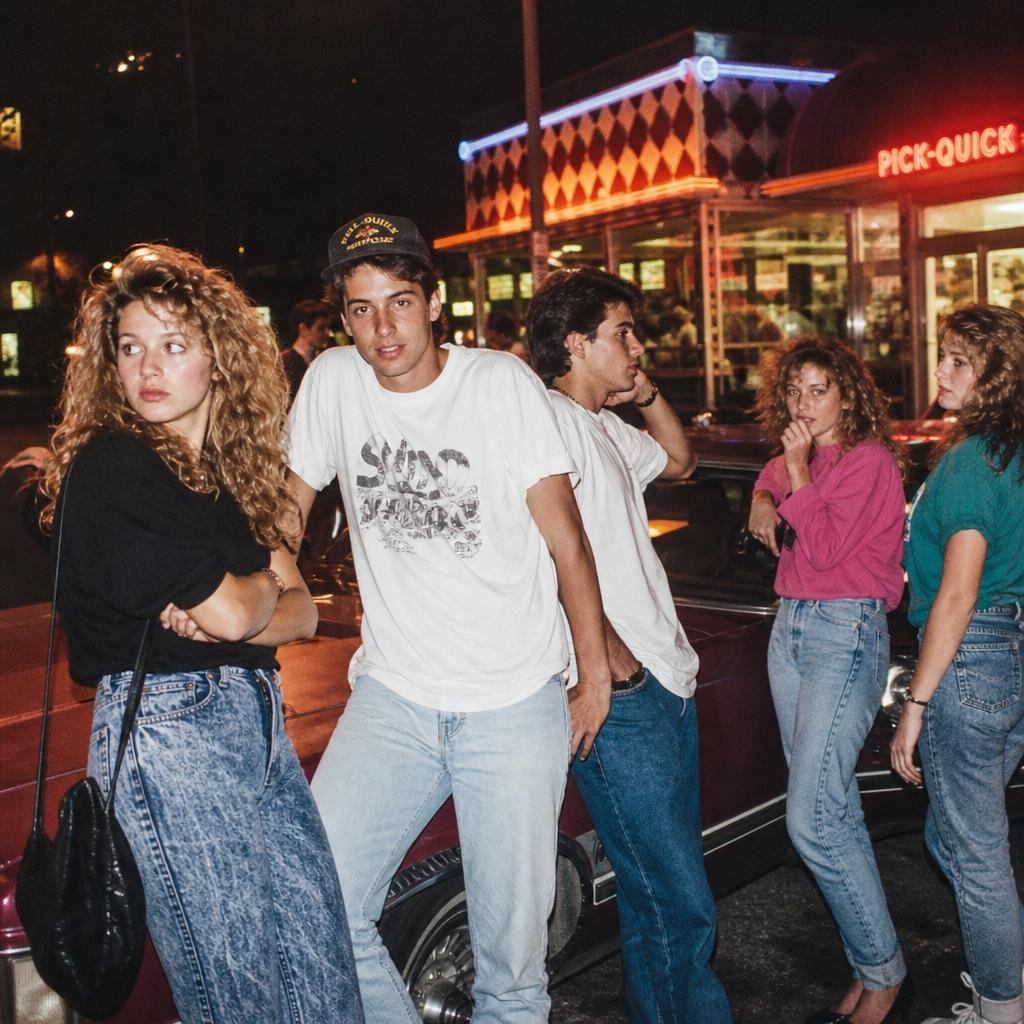 A candid, grainy 35mm-style street photograph of teenagers in vintage clothing hanging out near a neon-lit diner at night in the late 1980s.
