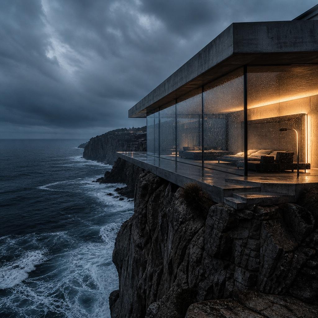 A minimalist concrete cliffside villa at twilight, overlooking a stormy dark blue ocean, with floor-to-ceiling glass windows glowing with warm interior light.