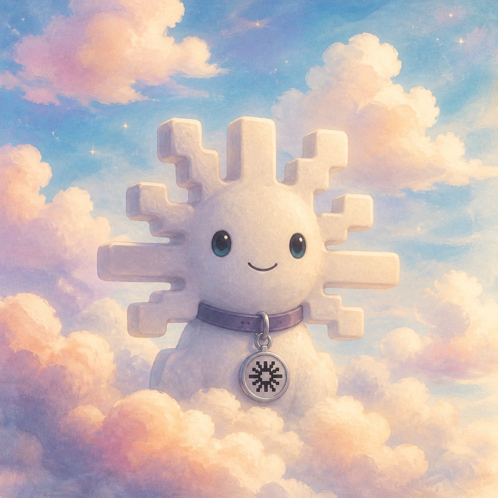 A cloud-white, snowflake-limbed creature drifting among pastel clouds, wearing a collar with a round PlentyLabs pendant.