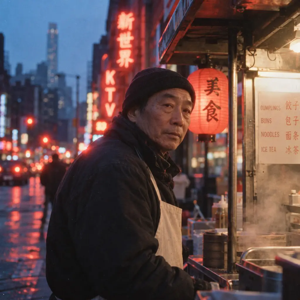 A street vendor at a nighttime food stall lit by red neon signs and a glowing paper lantern, with cool shadow tones and soft red halation.