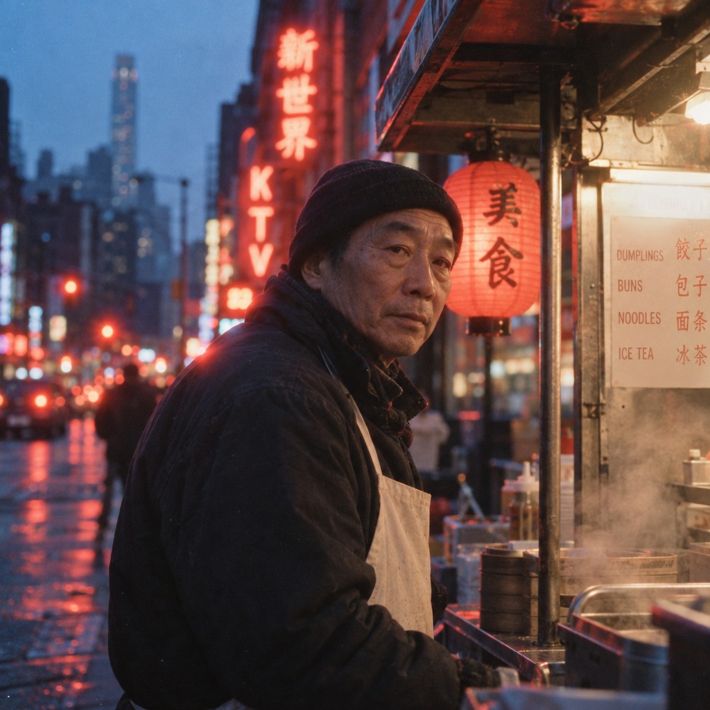 A street vendor at a nighttime food stall lit by red neon signs and a glowing paper lantern, with cool shadow tones and soft red halation.