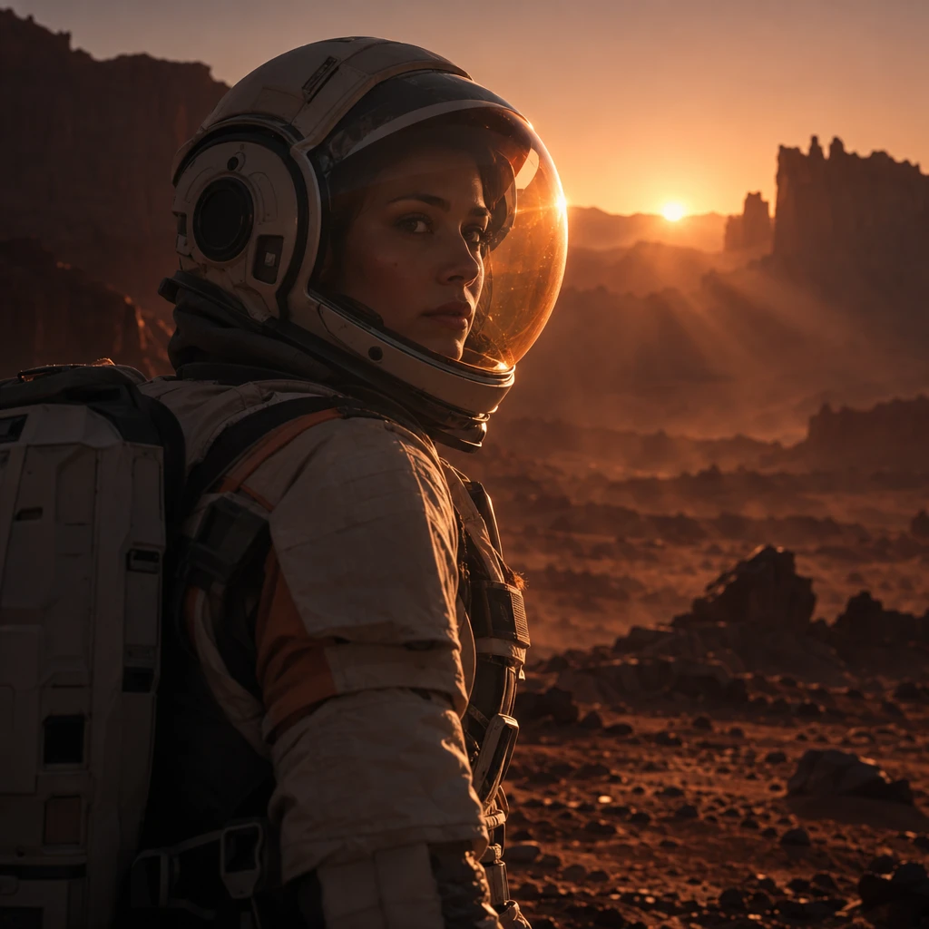 A dramatic, backlit portrait of an astronaut on Mars at sunset, a vibrant rim light along their helmet and volumetric dust beams cutting through the thin atmosphere.