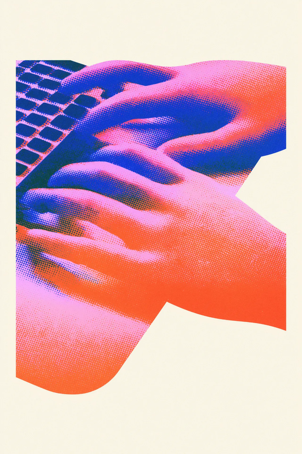A duotone halftone close-up of hands typing on a keyboard, in pink, blue, and orange