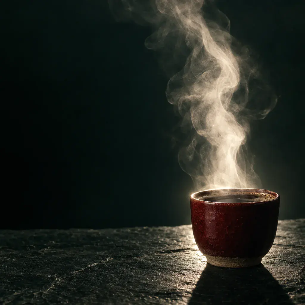 Steam rising from a ceramic cup lit by a single hard light source