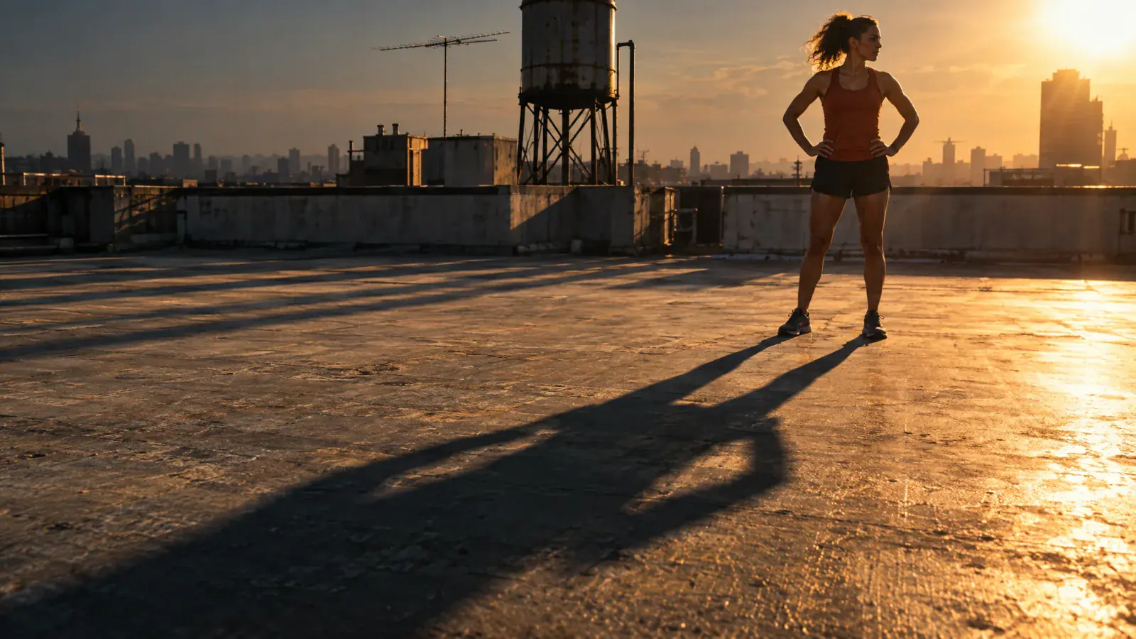 A runner on a rooftop at golden hour, long shadow stretching across the concrete